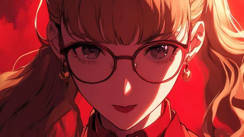 Intense red portrait shows bespectacled anime girl staring forward