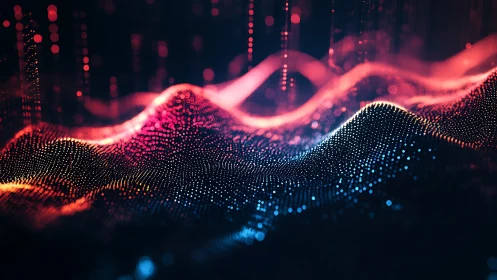 Neon particle waves form glowing abstract digital landscape.