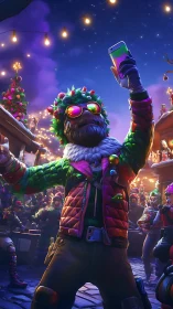 Festive street gamer selfie under neon holiday lights.