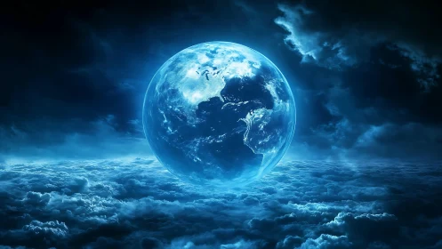 Luminous blue Earth hovers above stormlit cloud ocean.