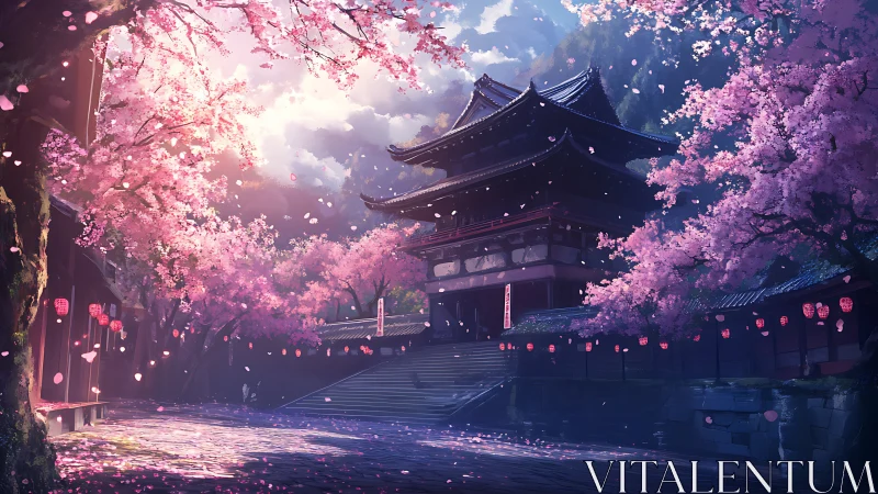 Twilight temple courtyard beneath drifting cherry blossoms.