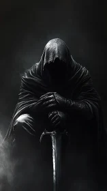 Shadowed hooded warrior resting quietly with gleaming sword.