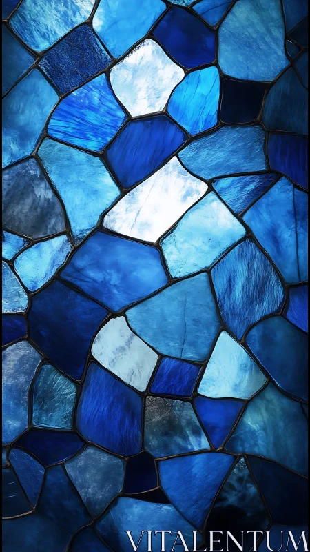 Shimmering blue stained glass mosaic under cool backlight.