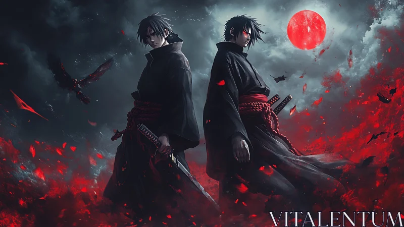 Twin anime swordsmen stand under a blood moon in crimson storm