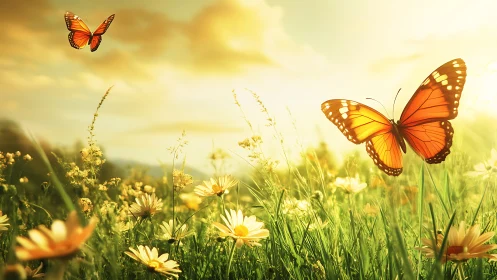 Sunlit butterflies drift gently above a warm spring meadow