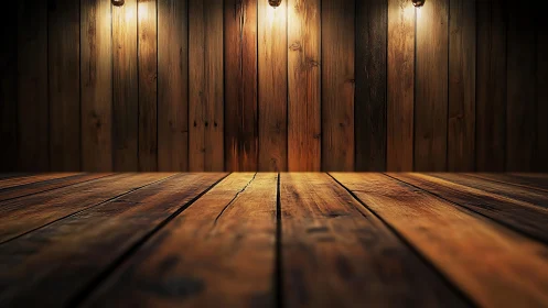 Warm wooden stage interior shows spotlit rustic floor