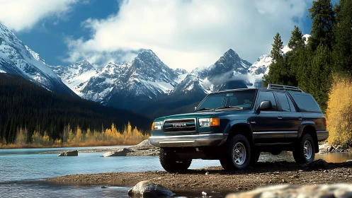 Toyota SUV parked by mountain lake under clear sky.