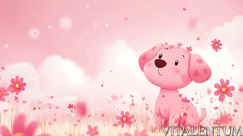 Cute pink cartoon puppy sitting in flower field in spring.