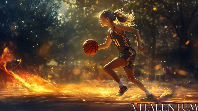 Female basketball player running on fiery outdoor court.