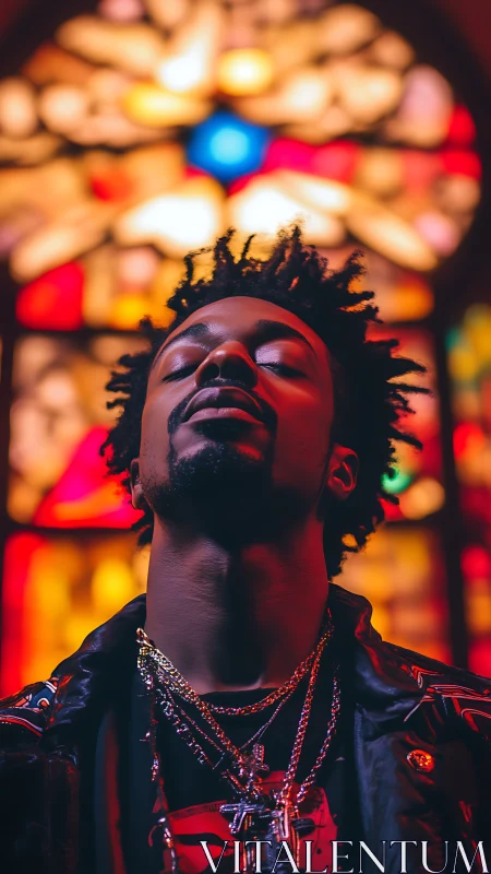 Portrait under stained glass glow with bold neon rim light.