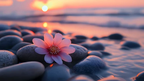 Pink flower on wet beach pebbles at low sunset light.