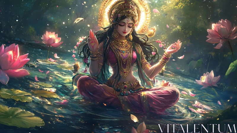 Lotus goddess meditates amid glowing forest water garden.