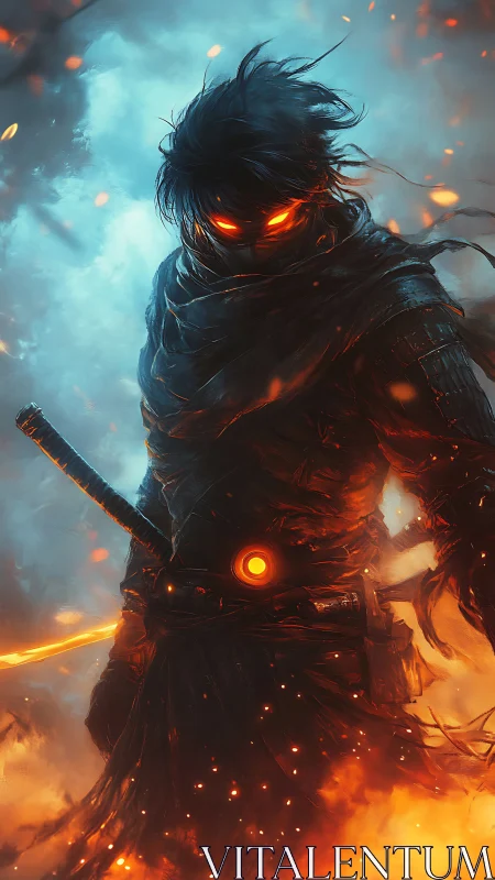 Flaming shadow warrior with glowing blade in stormfire.