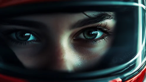 Intense racer gaze framed inside glossy helmet visor.
