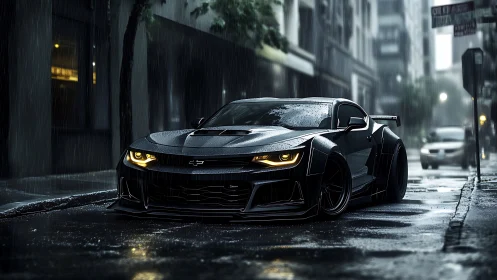 Midnight black muscle car in cinematic rainy street scene.