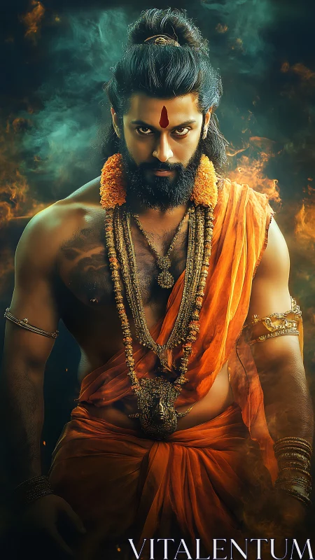 Fiery digital portrait of intense saffron-clad mythic warrior sage