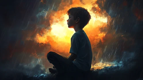 Silhouetted boy in profile before luminous storm break