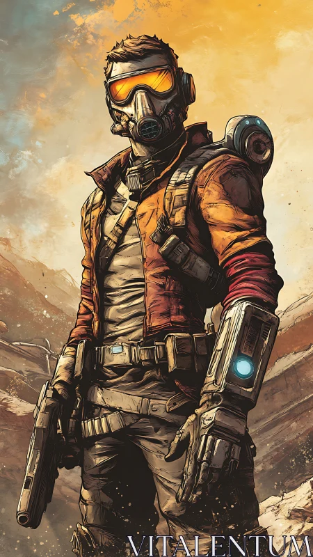 Masked wasteland gunslinger stands in blazing desert light.