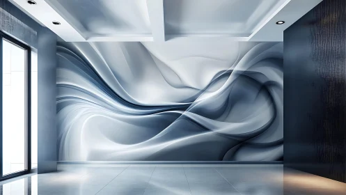 Modern abstract wave mural in luxury minimalist living room design.