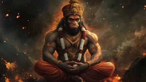 Hanuman in fiery meditation radiates divine strength and calm.