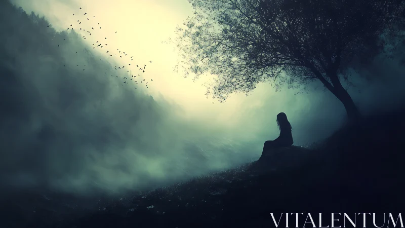 Solitary figure under misted tree observes luminous valley fog