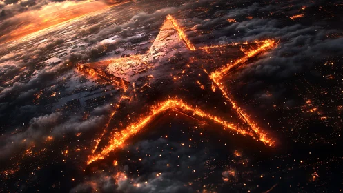 Glowing star-shaped fissure over clouded urban landscape.