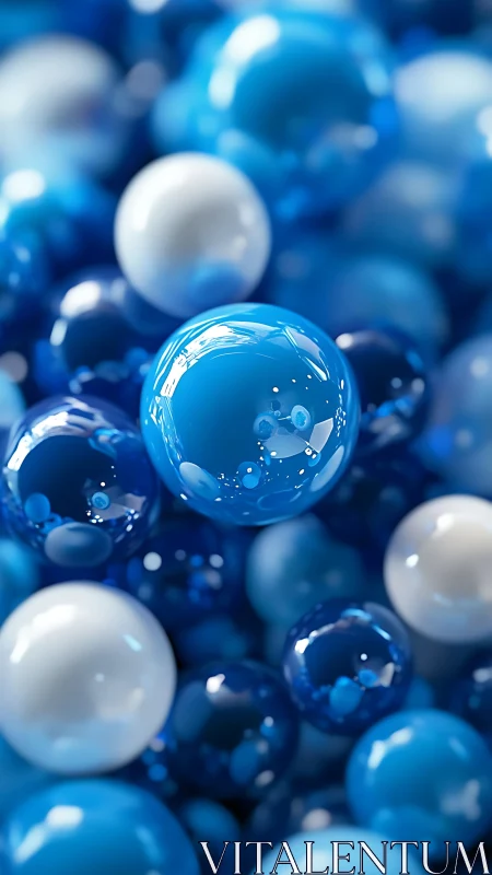 Glistening blue and white spheres drift in a calm playful dance