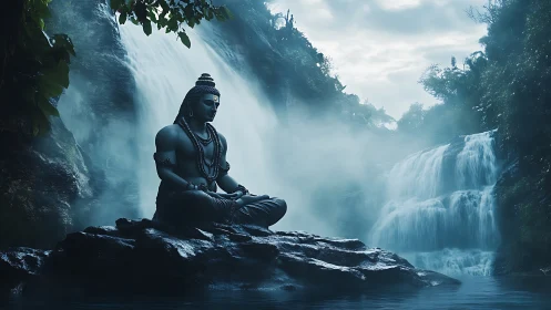 Meditating figure is seated before dual waterfalls in mist