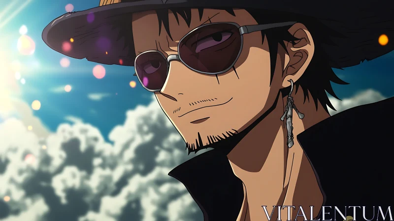 Sunlit anime drifter in shades under dramatic sky.