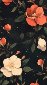 Botanical illustration with coral and cream flowers against dark starfield