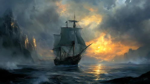 Sailing ship crosses storm-luminous seascape with atmospheric depth