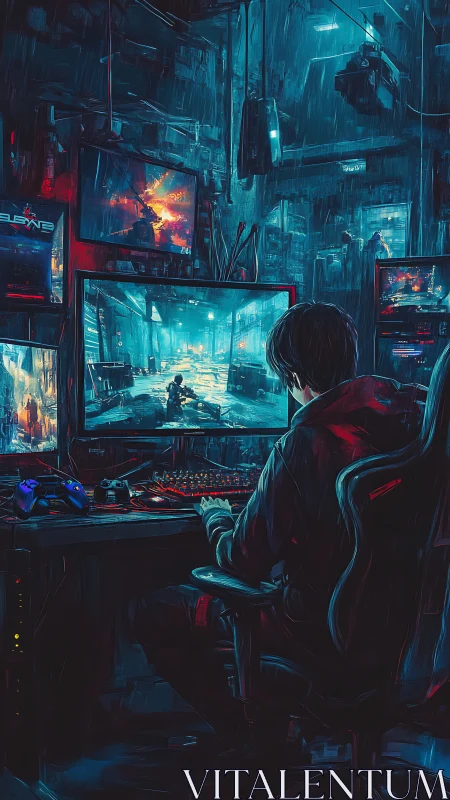 Neon gamer drifts through rain‑lit cyber city screens.