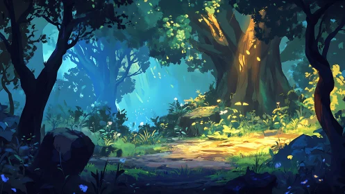 Luminescent forest clearing with ancient tree formations.