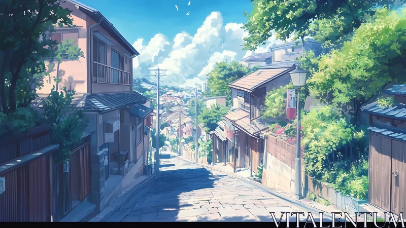 Sunlit sloping alley with tiled houses and deep linear perspective