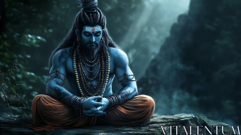 Serene blue sage in forest meditation at dawn.