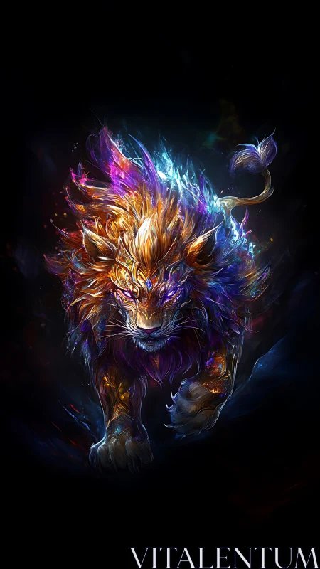 Prismatic starfire lion strides through galactic midnight.