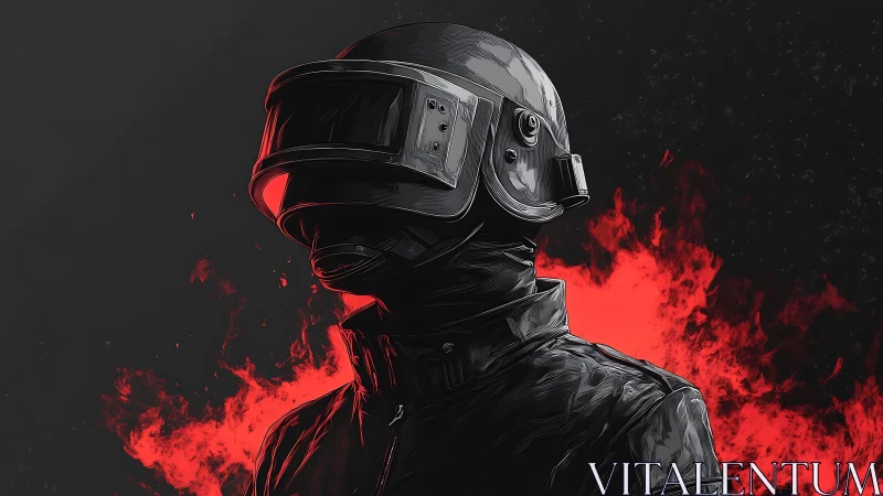 Armored helmeted figure in red inferno backlit profile.