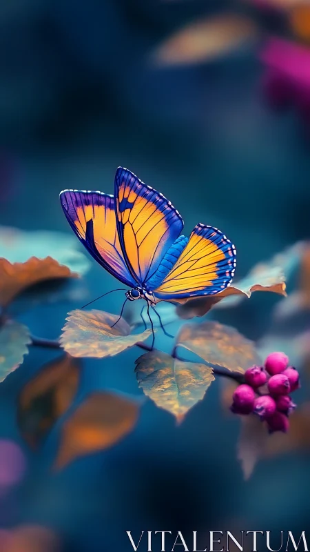 Vibrant orange butterfly rests on leaves in dreamy teal haze