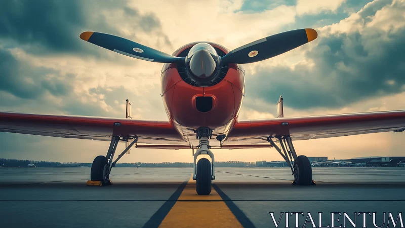 Red single-engine propeller aircraft on runway at sunset.
