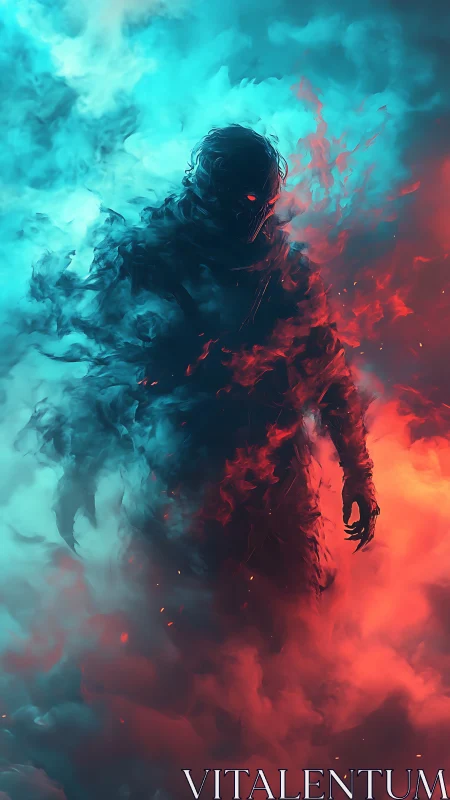 Central dark figure stands within opposing colored vapors