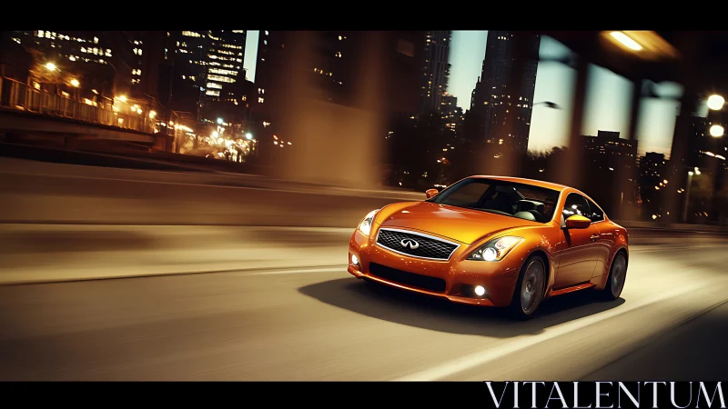 Orange sports coupe traverses illuminated urban overpass at speed