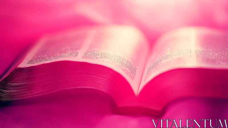 Open pink-toned book glows under soft diffused light.