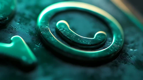 Macro closeup of teal metallic smiley icon with bokeh highlights
