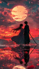 Samurai lovers stand beneath colossal crimson moon.