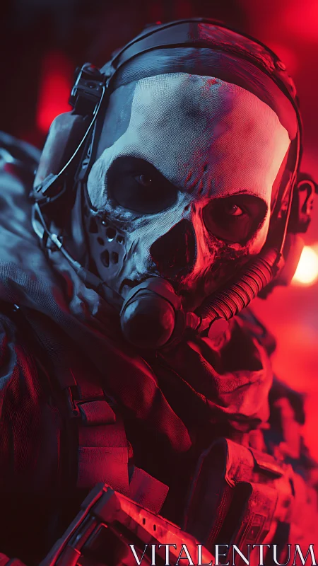 Masked tactical operator is illuminated by red directional lighting
