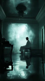 Lone dreamer adrift in a flooded teal corridor of fogged light.