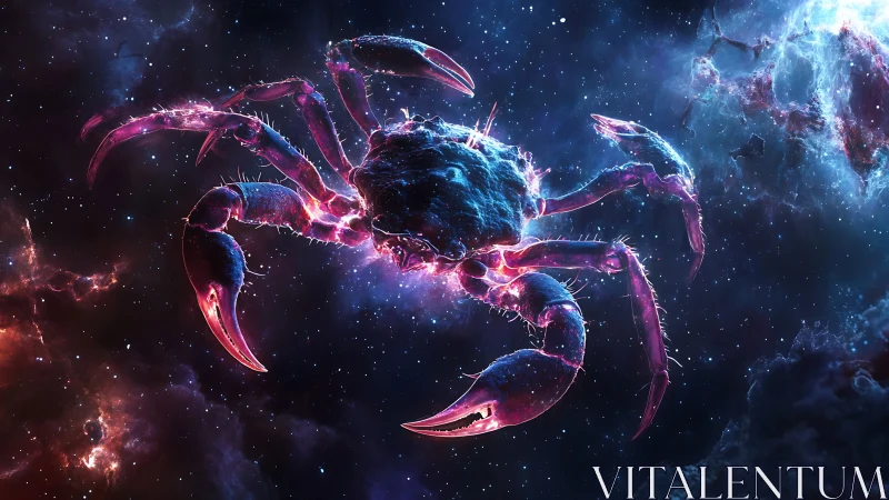 Cosmic neon crab drifting through vibrant stellar clouds.