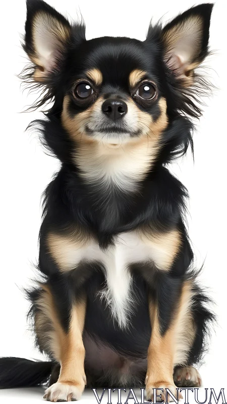 Long-haired small dog sits centered against white backdrop
