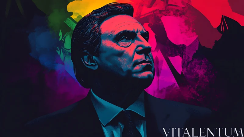 Neon-lit male portrait against bold abstract color field.