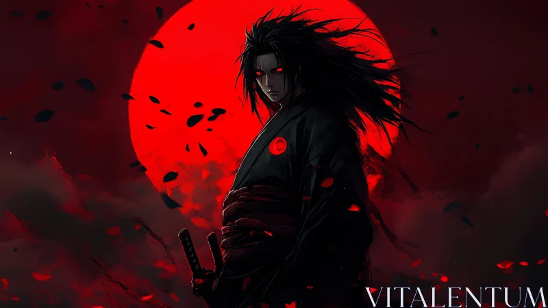 Crimson moon warrior amid drifting petals of shadowed night.